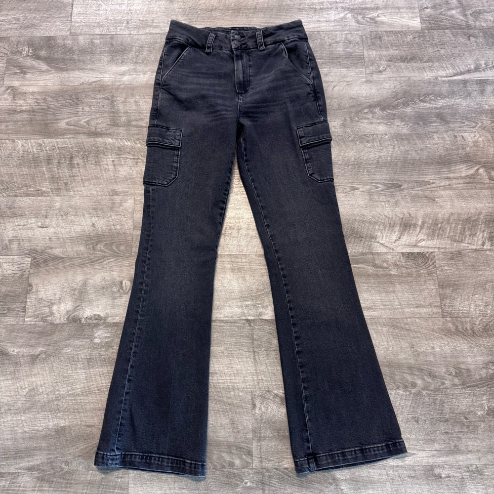 Paige Dion High Rise Cargo Jeans in "Oblivion" Black Flared Womens Sz. 6